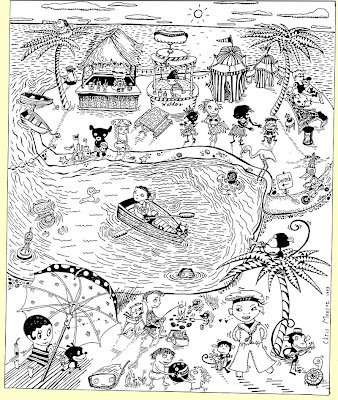 Black and white line art of many cartoon people and animals in a tropical beach scene