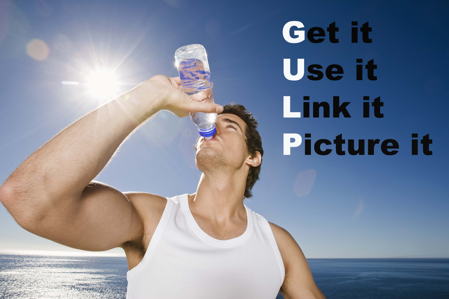 Image a fit young man gulping water from a bottle.  Text: Get it. Use it. Link it. Picture it. GULP is highlighted.