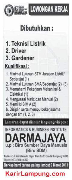 Lowongan Teknisi Listrik, Driver & Gardener IBI Darmajaya Bandar Lampung
