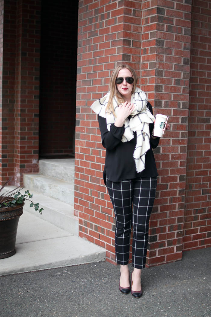 how to style blanket scarf, blanket scarf options, on the blog, boston blogger, window pane print, navy yard