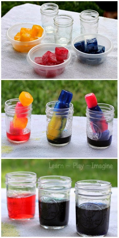 Simple color theory science for kids with colored ice - kids will love mixing the ice and seeing the results!