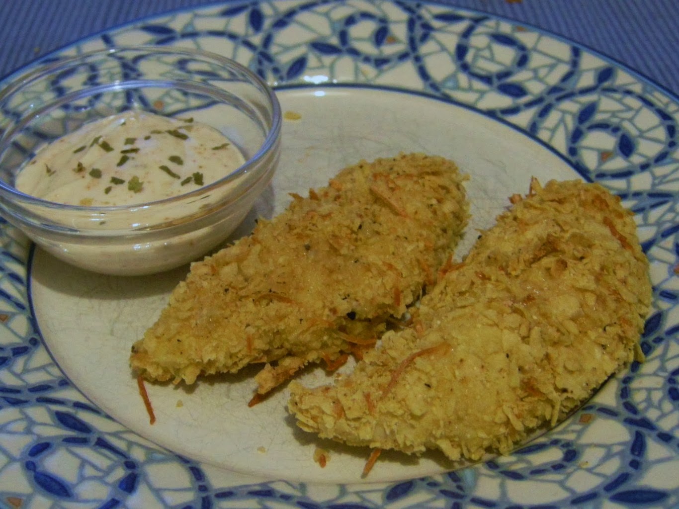 Tortilla chip crusted chicken tenders (with honey yogurt dip)
