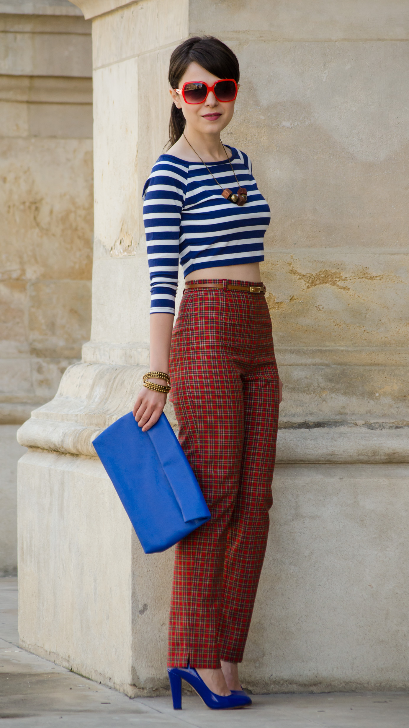 crop top high waist pants tartan blue stripes 