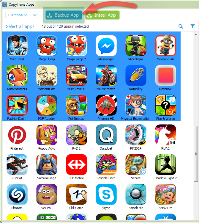 backup app button in copytrans