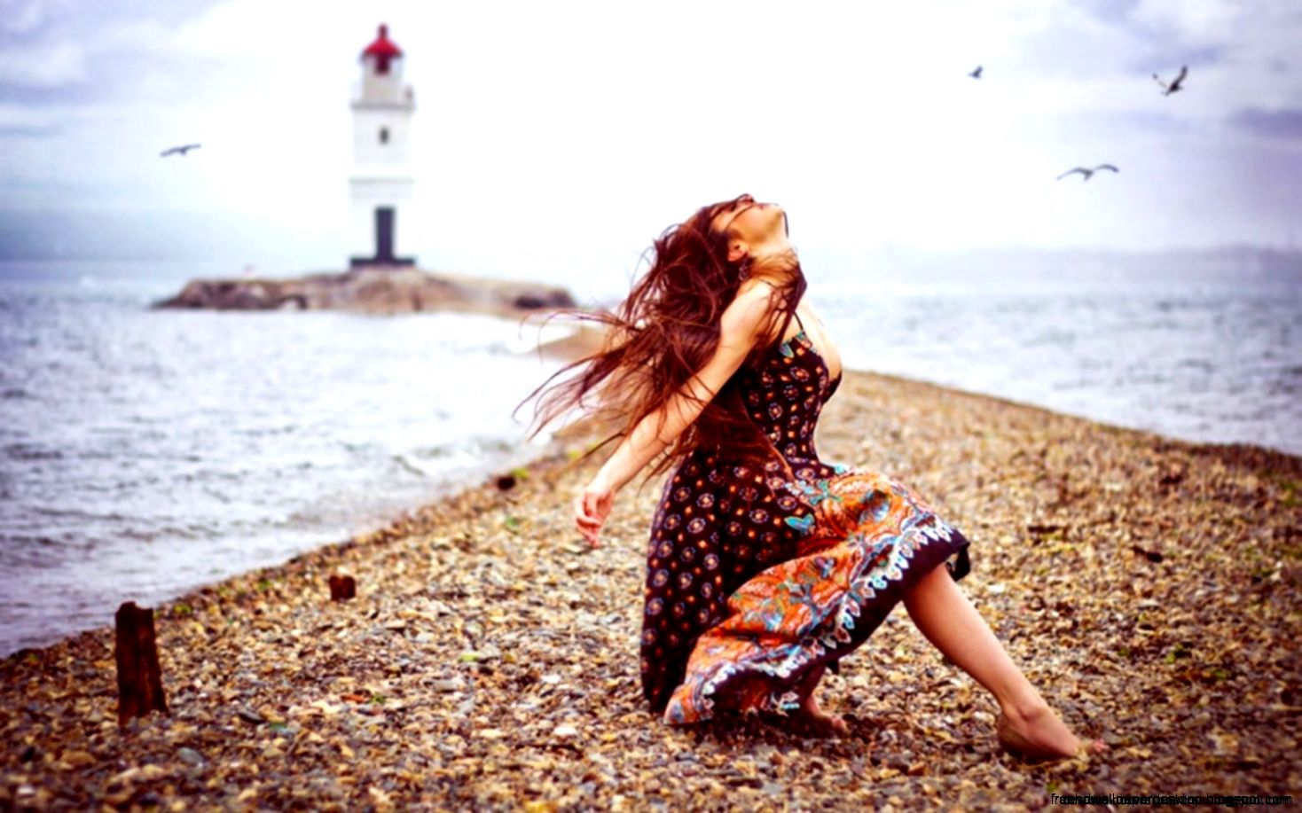 Mood The Lighthouse The Girl On The Beach Birds Hd Wallpaper