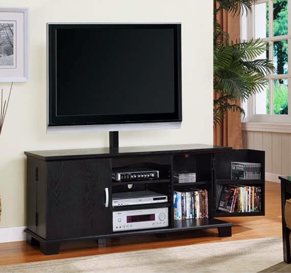Walker Edison Black Wood TV Stand with Mount and Storage