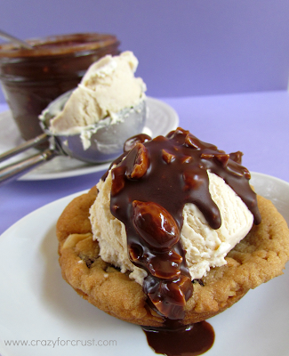 Deep dish peanut butter ice cream cookie sundaes with hot fudge
