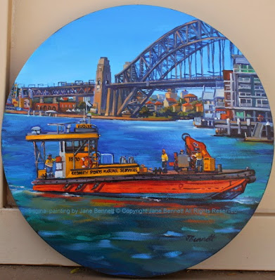 plein air oil painting of the 'Poolya' work boat near the Sydney Harbour Bridge by artist Jane Bennett