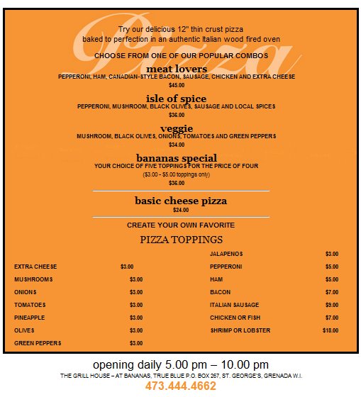 hello grenada, see you later america Bananas Menu