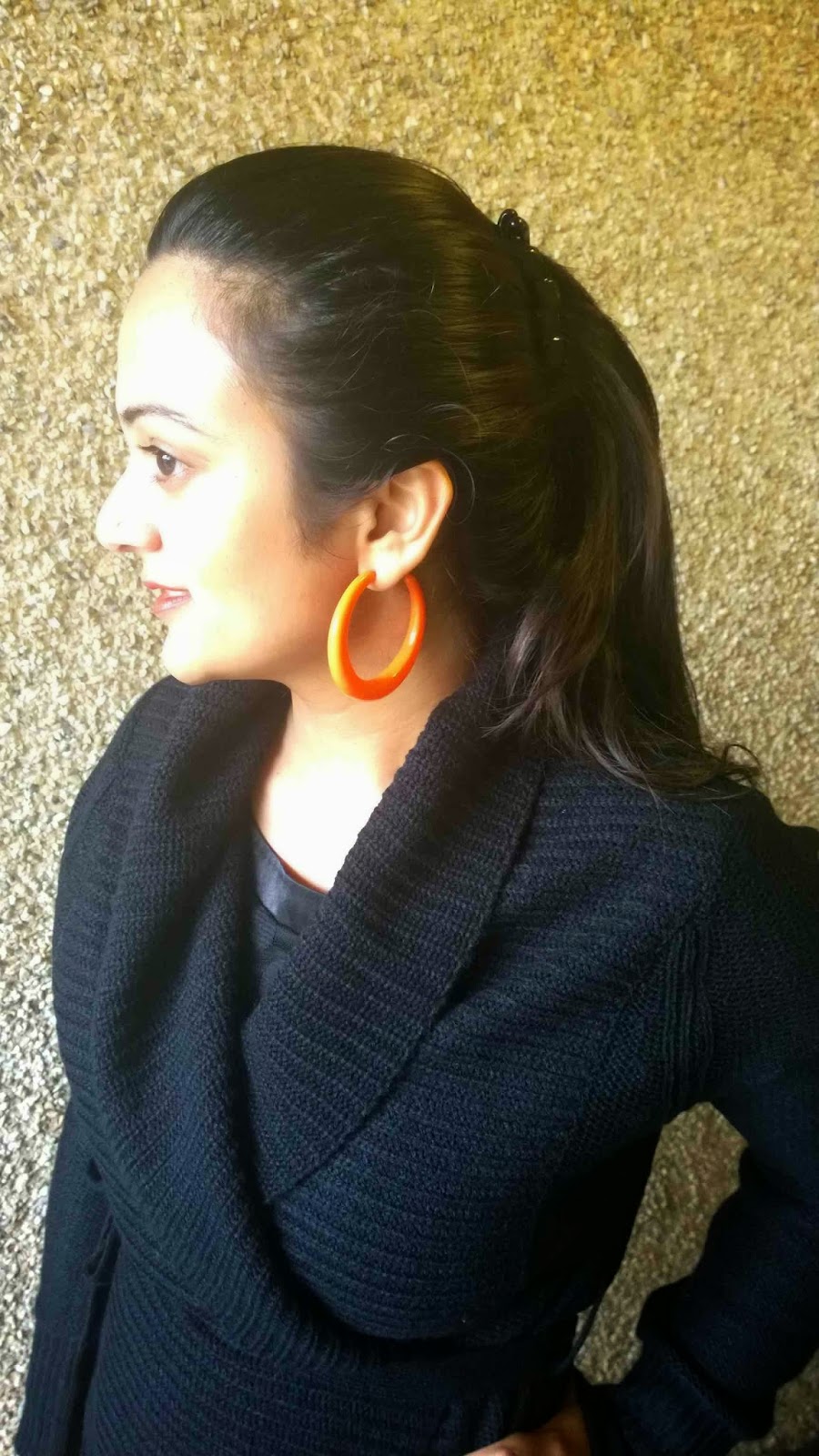 orange is the new black, black sweater on black dress with orange bag, orange hoop earrings, indian fashion blogger, ananya kiran, ananya tales