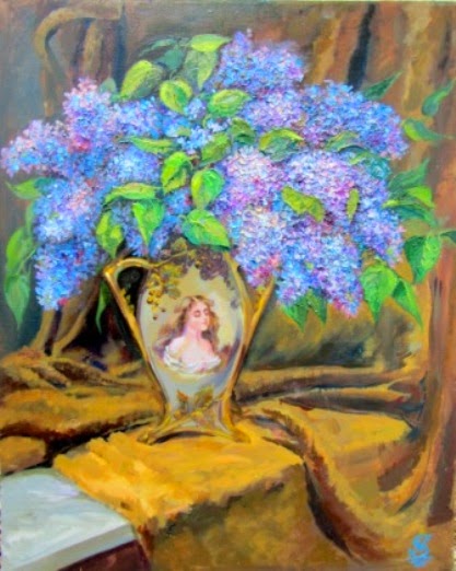 original oil painting on canvas Lilacs in an Antique Vase