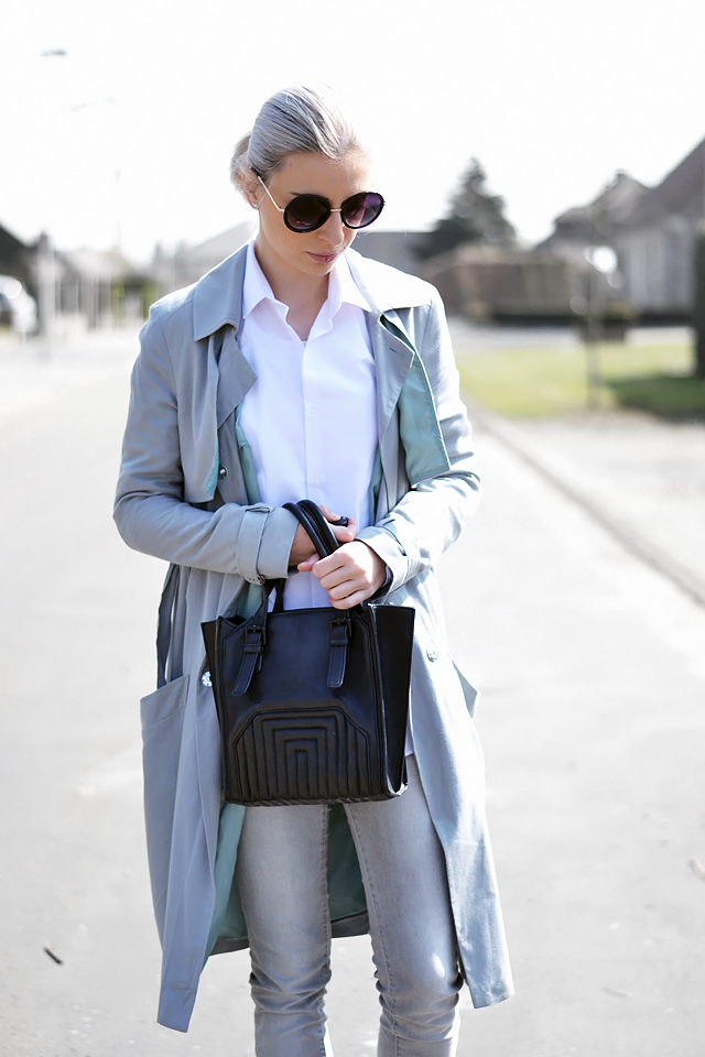 Grey trench coat, asos, mac, white shirt, primark, zara tote bag, celine inspired, round sunglasses primark