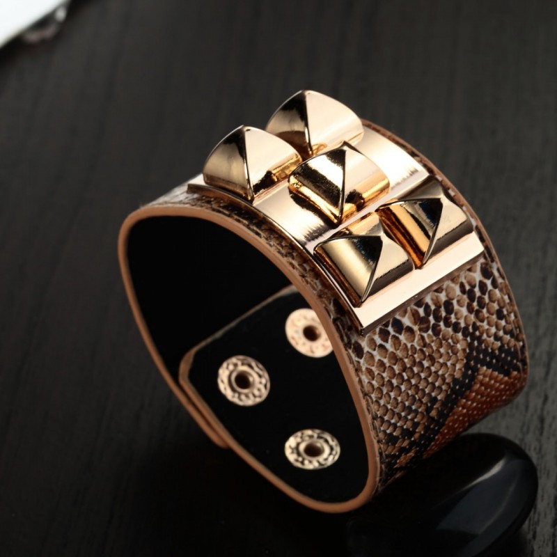 OKAJewelry Show Gold Pyramid studs leather cuff bracelet wide