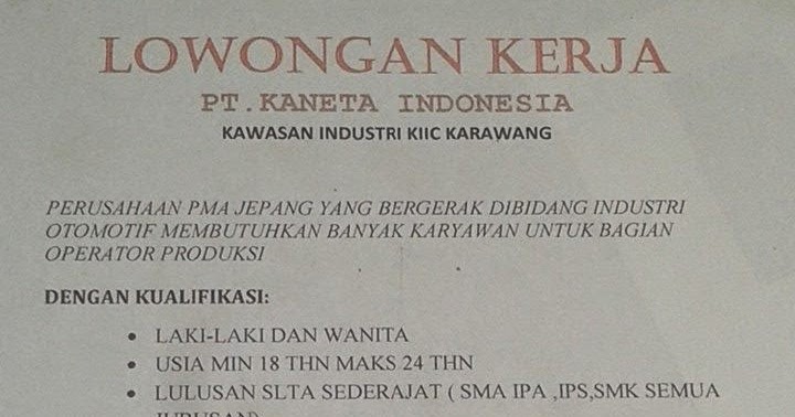 Lowongan Kerja PT Kaneta Indonesia KIIC Karawang - Berita Lowongan