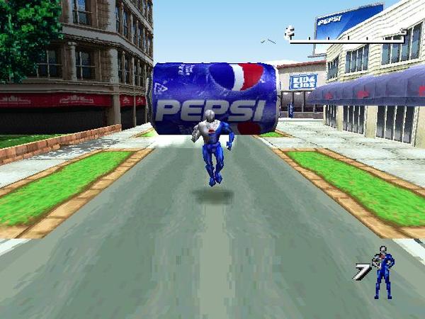 Pepsiman outruns a giant Pepsi can.