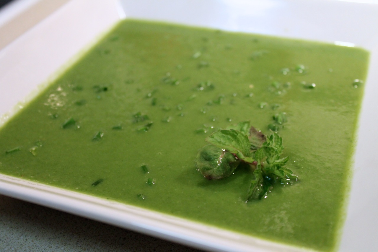 Cook In / Dine Out Pea, Spinach, Mint and Garlic Scape Soup