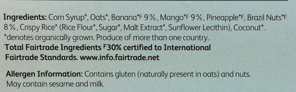 Doves Farm Banana, Mango and Brazil nut cereal bar ingredients