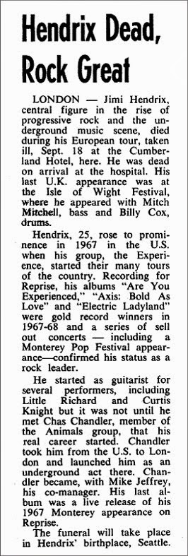 Jimi Hendrix Death Billboard Magazine September 26, 1970