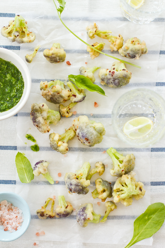 Purple Cauliflower Fritters with Garlic and Coriander Dressing