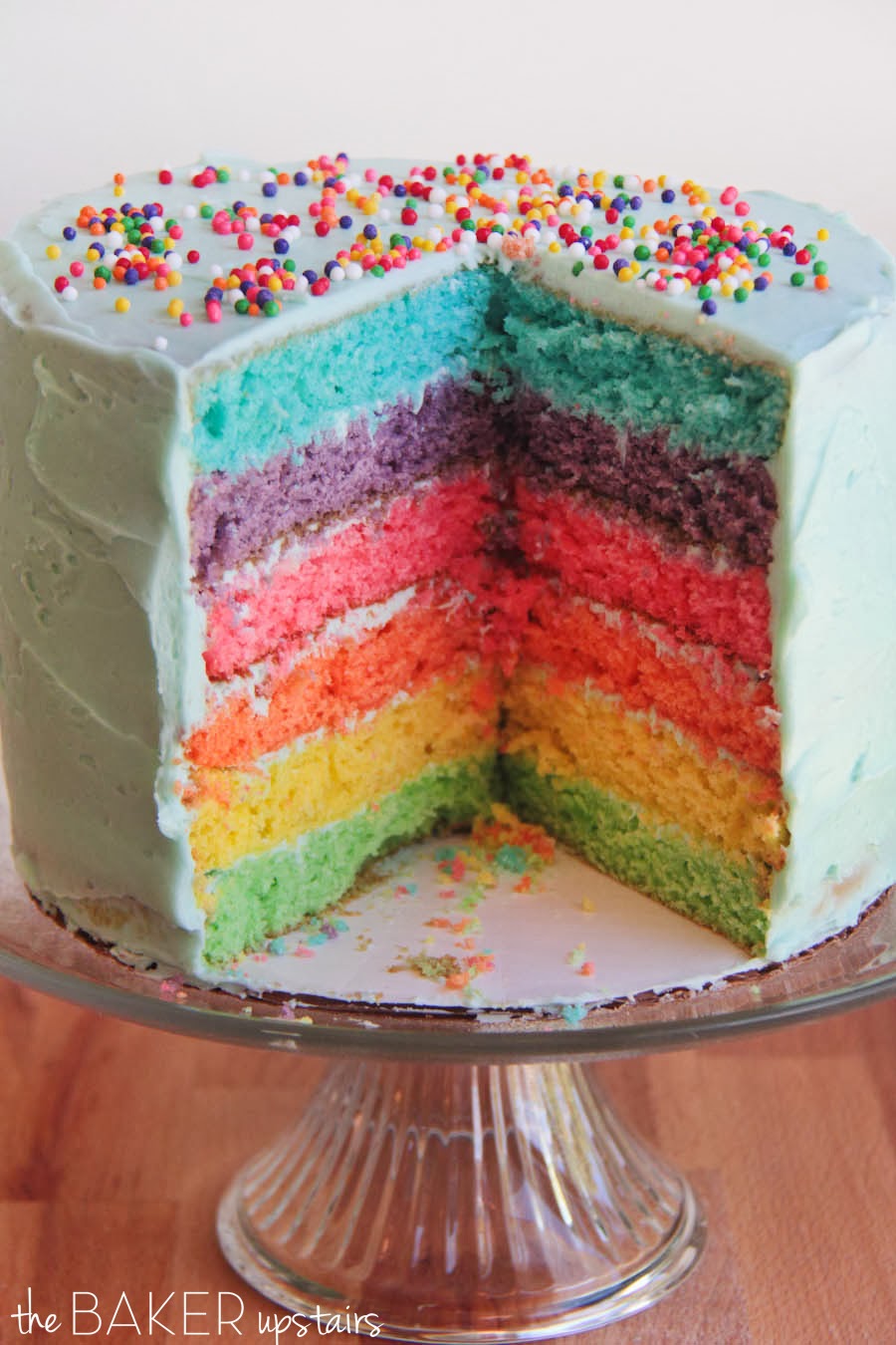 This six layer rainbow cake is colorful way to brighten up your birthday!