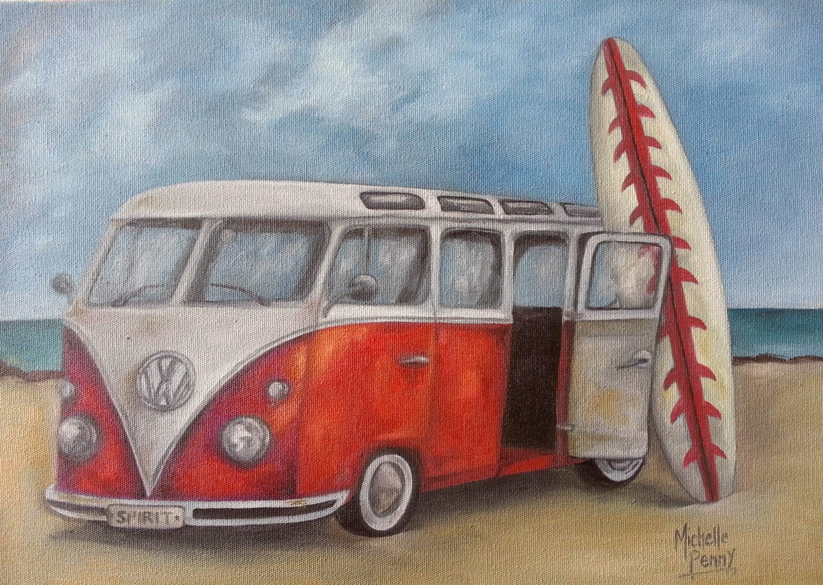Red Kombi with surfboard