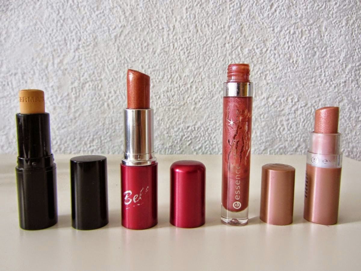 makeup lippies farmasi camouflage concealer 05; Bell lipstick; Essence XXL Shine Big Night Out; Essence Lipstick in 58 Dazzling Beige