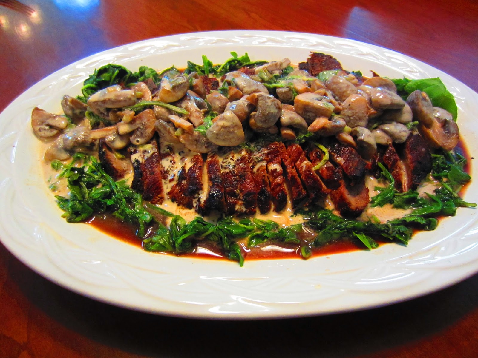 We Three Mothers Flank Steak with Arugula & Mushrooms