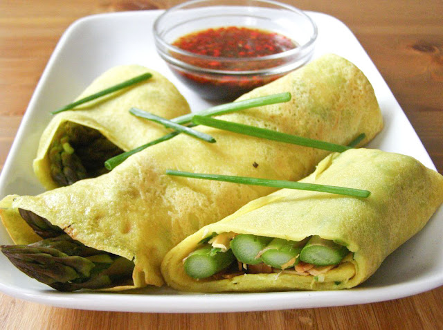 Vegan Coconut Crepes with Asparagus and a Sweet Chilli Dipping Sauce