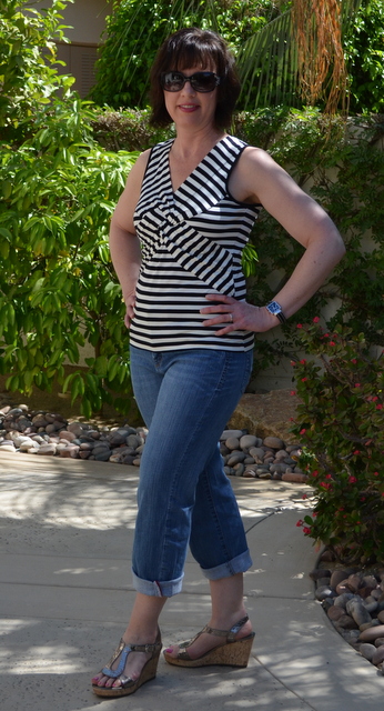 Striped top, Worn capri jeans, silver wedges from DSW Striped top, Worn capri jeans, silver wedges from DSW