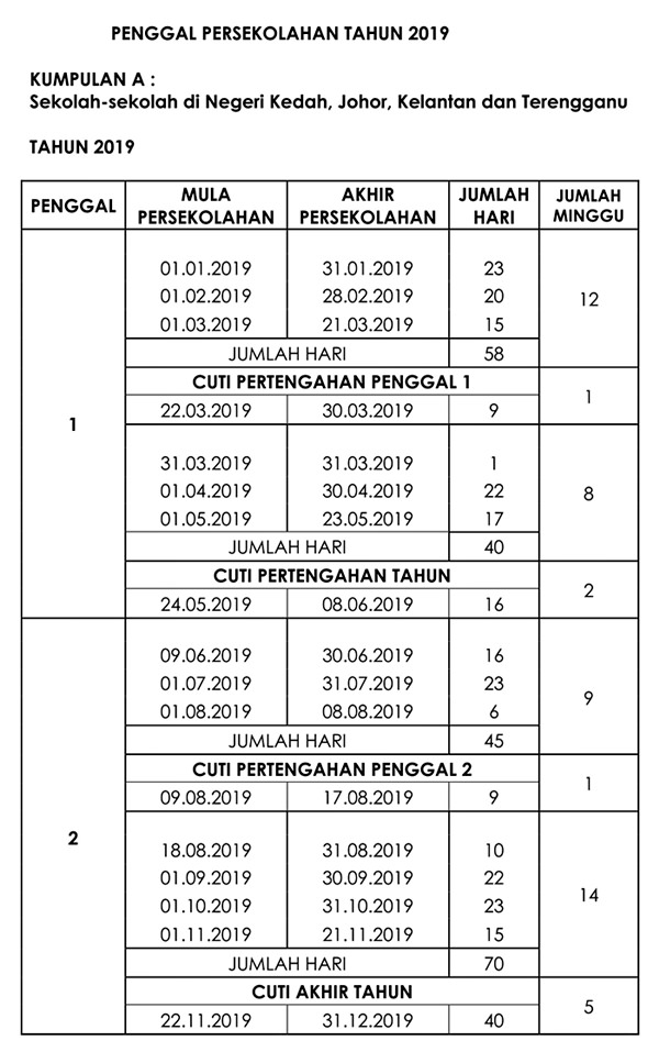 Takwim Sesi Persekolahan Tahun 2019