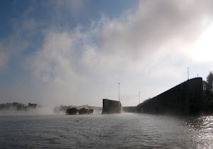 Leaving a lock on a foggy morning. Tombigbee River.