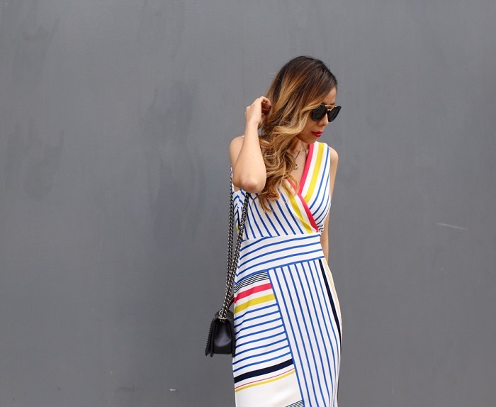 Shall We Sasa Rainbow date night Donna Morgan Stripe Scuba Body Con Dress with Asymmetrical Hem, stripe dress, dress, date night dress, chanel bag, hermes CDC bracelet, chanel necklace, schutz sandals, date night outfit ideas
