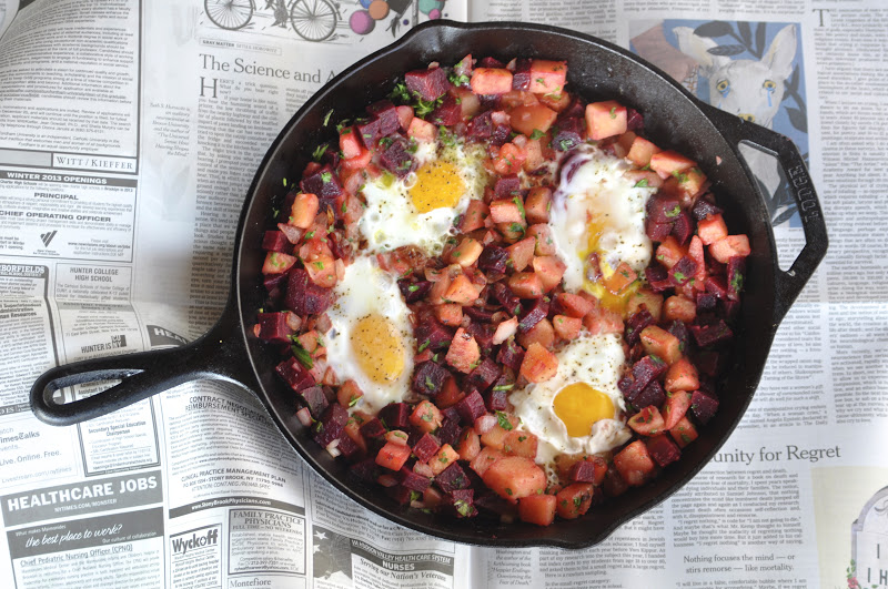Two Blue Lemons Beet Hash With Eggs