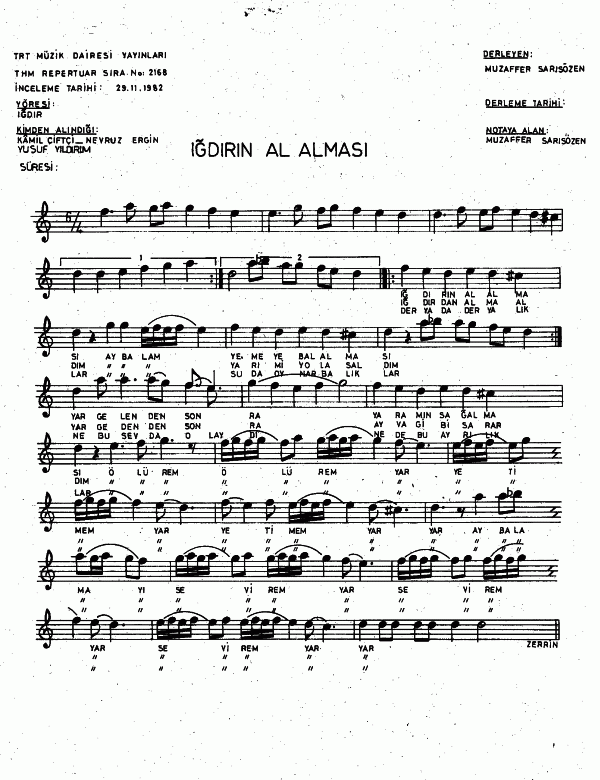 Igdir In Al Almasi Notalar Sozleri