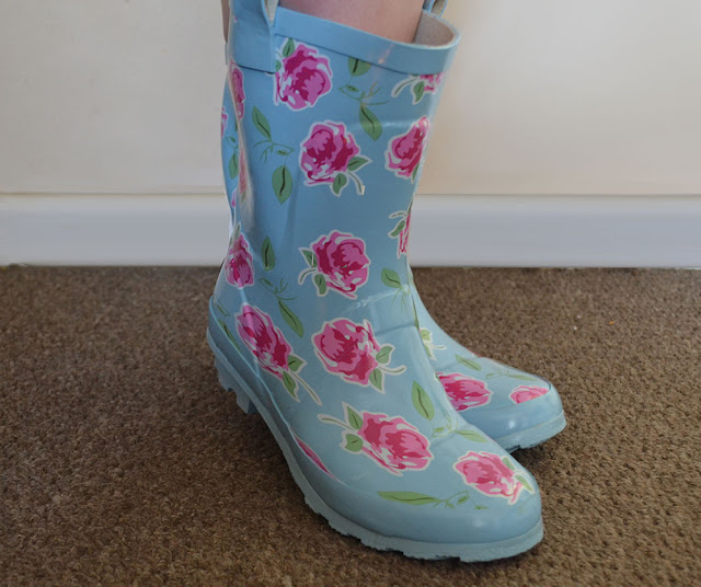 photo of wearing wellies, cute shabby chic rose print short wellington boots