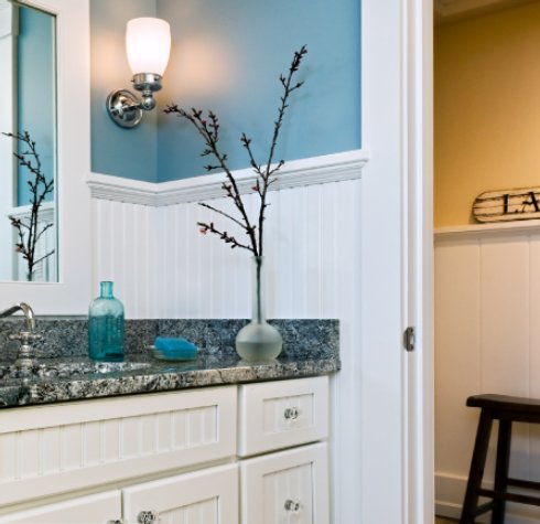 beadboard walls bathroom wainscoting painted nantucket crisp diy very paint colors paired gives bead cabinets options rail chair colored dark
