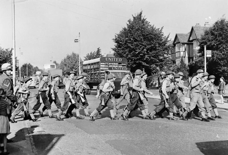 Troops crossing the Havant Road on pratice assault on Fort Purbrook