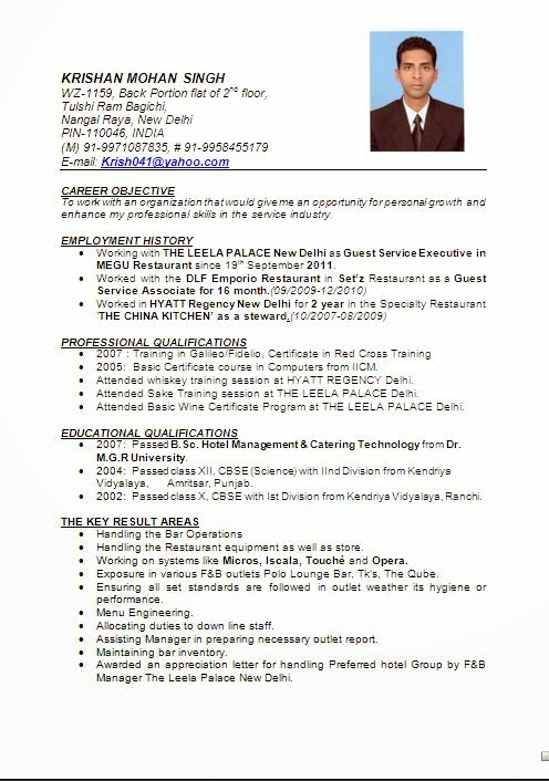 Resume Resume Template For Hospitality Jobs resume format for hotel management jobs updated