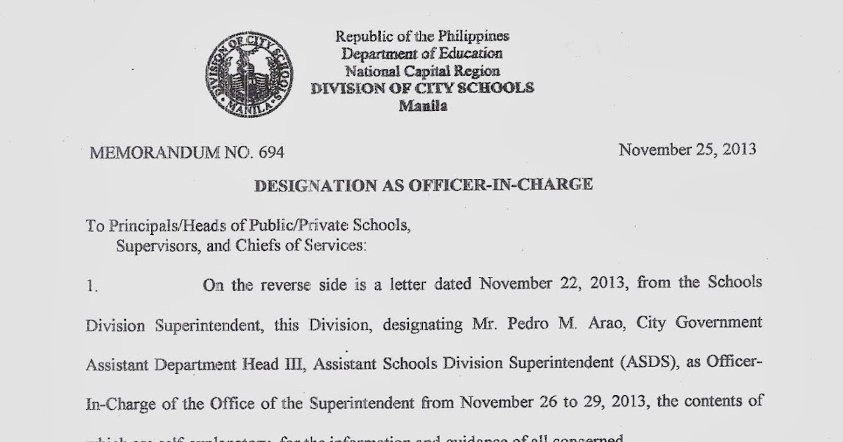 Department of Education Manila Division Memorandum No. 694