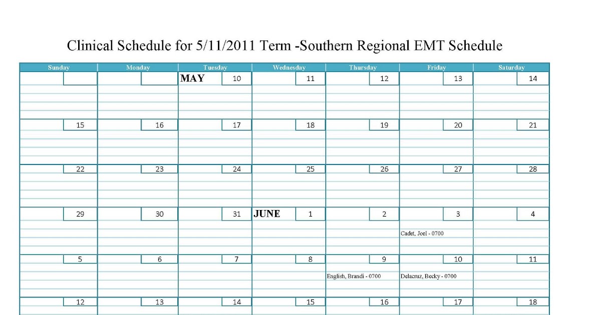Medix College Extern Calendars Southern Regional EMT Schedule
