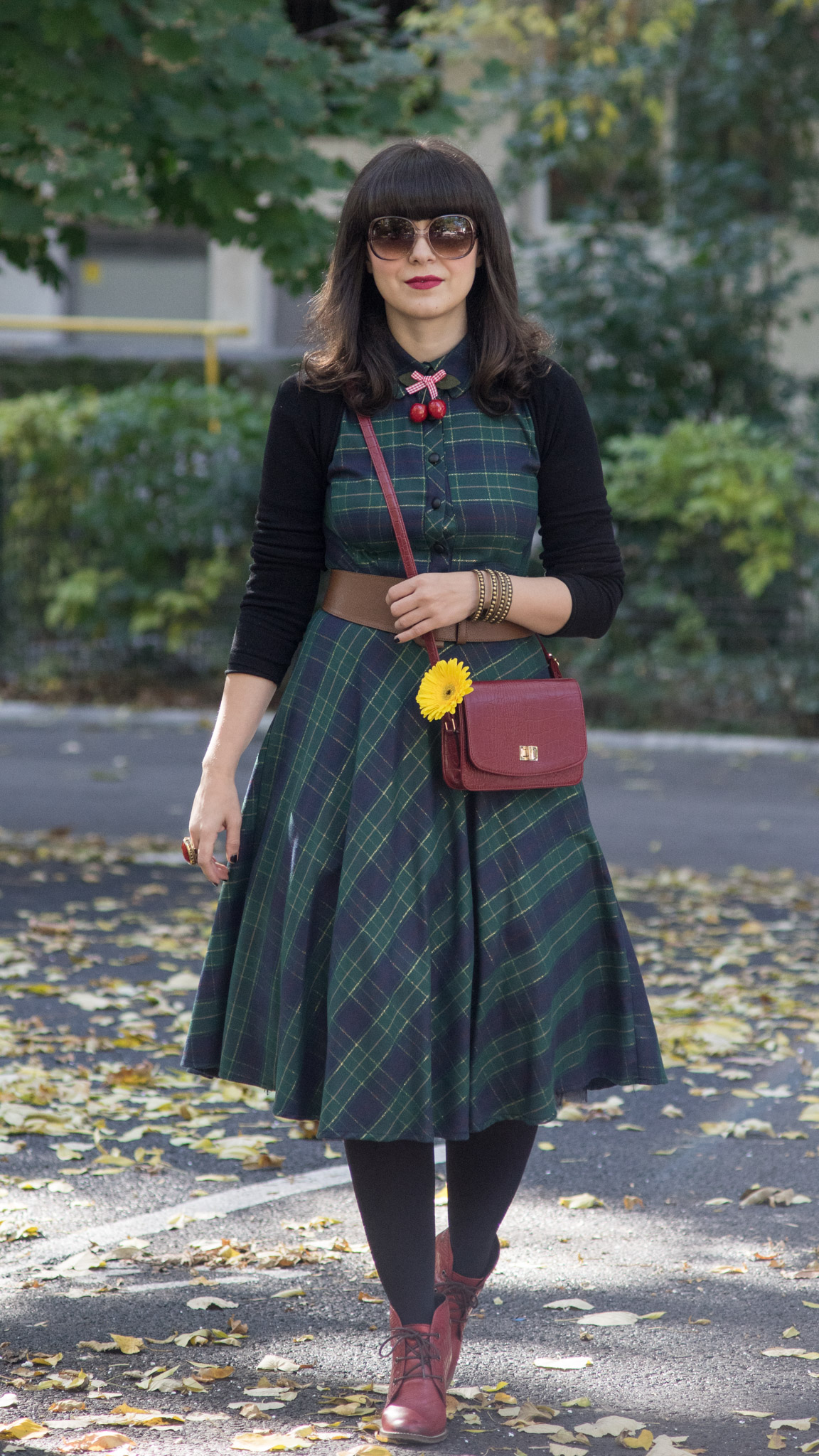 fall midi tartan dress burgundy boots bag koton brown belt cherries accessory yellow gerbera