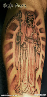 Santa Muerte tattoo: Santa Muerte carrying a scythe, a globe and a scale