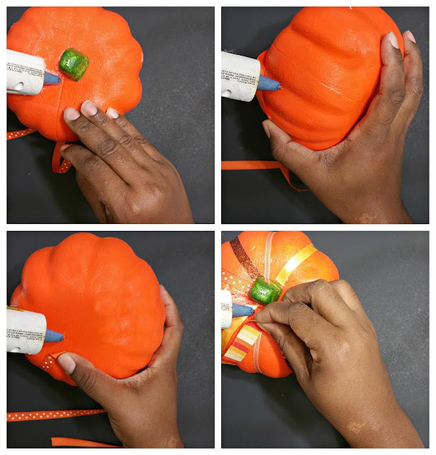 craft pumpkin, ribbon, hot glue gun
