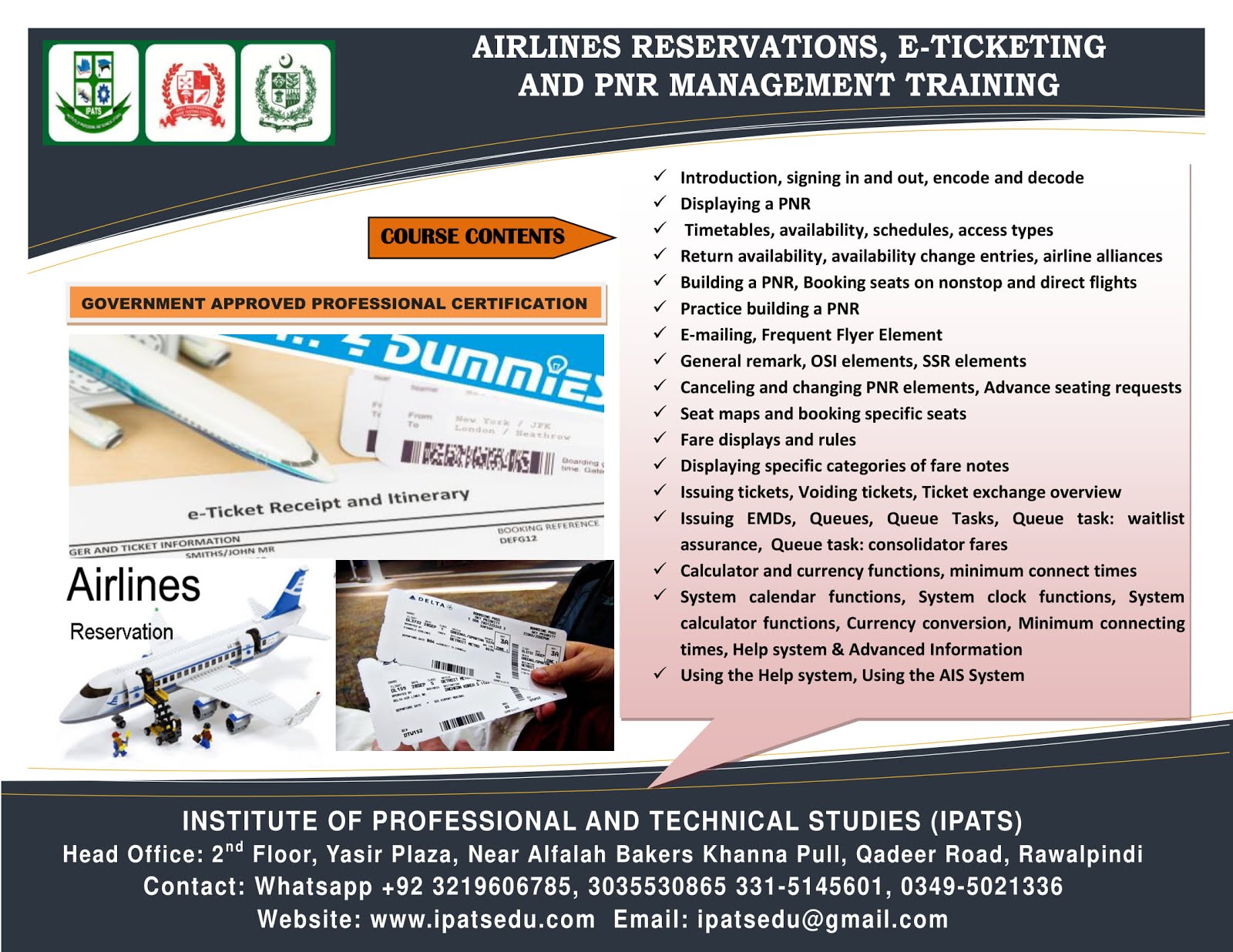 Airlines Reservations, eTicketing & PNR Management Training course outline: