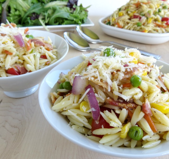 Orzo Pasta Salad with Bacon & Parmesan Vinaigrette Outnumbered 3 to 1