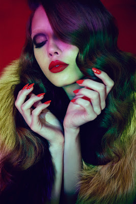 green fur, multi colored fur, georgiana saraev model, red nails, red lipstick