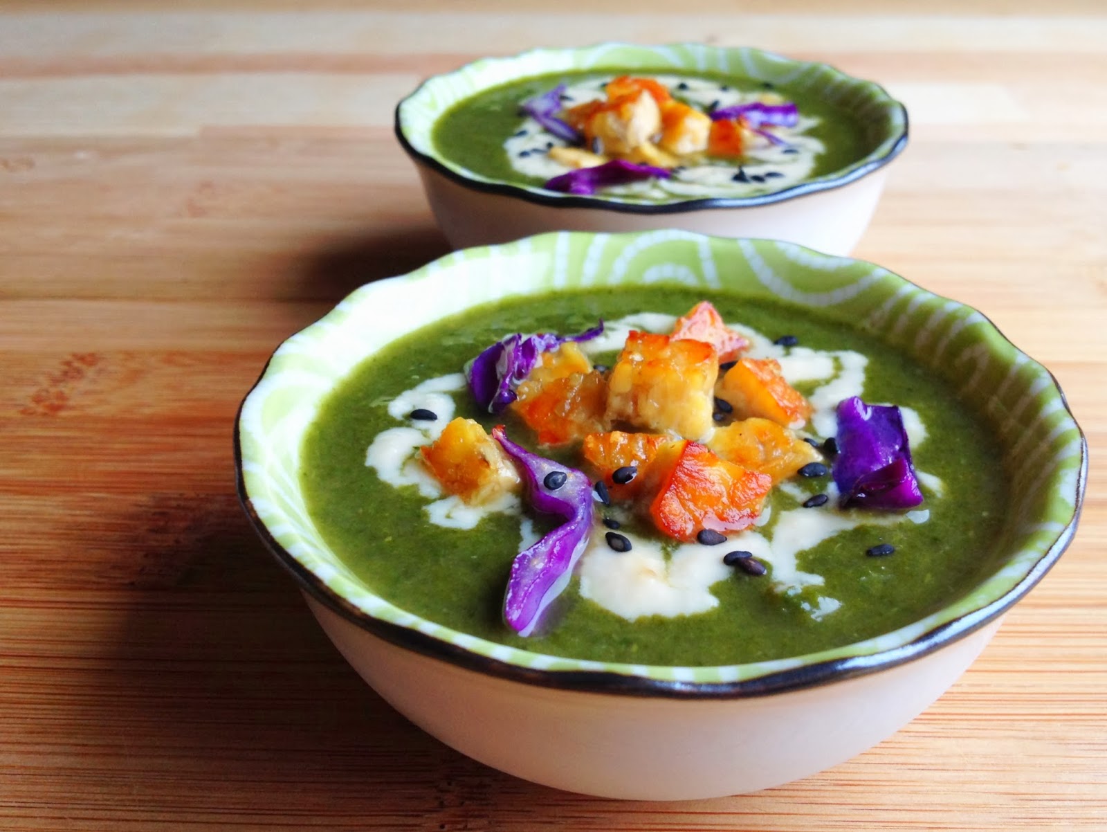 Wholly Vegan Spinach Miso Soup with Tempeh Croutons