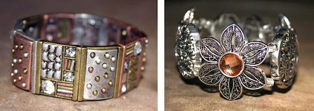 Mixed metal cuff (left) and silver flowers cuff by Linda Sole
