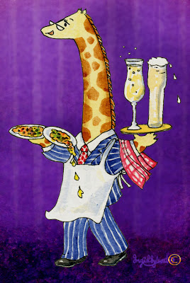 Raph G. Neckmann giraffe waitering in Gleeful & Greedy Restaurant - Ingrid Sylvestre