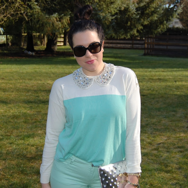 Mint forever 21 sweater and jeans, H & M rhinestone collar